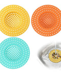 3 Pack Heavy Duty Sink Drain Strainers in orange, yellow, and teal for blocking hair and food clogs in showers and tubs.