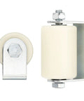 Adjustable Gate Roller Guide with L Shape Bracket and Nylon Wheel Set in White, 3.1 Inch Wheel and 5.5 x 8 cm Rollers.