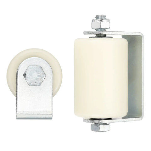 Adjustable Gate Roller Guide with L Shape Bracket and Nylon Wheel Set in White, 3.1 Inch Wheel and 5.5 x 8 cm Rollers.