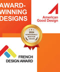 Award logos from American Good Design, French Design Award, and Honourable Mention Award 2024 on an orange and white background.