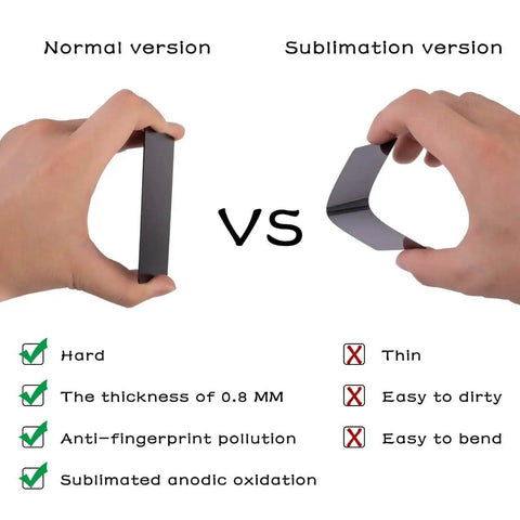 Comparison of Pro Grade Thick Black Anodized Aluminum Business Cards 86x54mm 0.8mm with sublimation version showing thickness and durability
