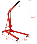 Hella Sturdy Heavy Duty Hydraulic Engine Hoist Crane Two Ton Four Thousand Pounds Capacity Folding Cherry Picker With Six Swivel Casters For Garage Work Red, side view with height and width details.