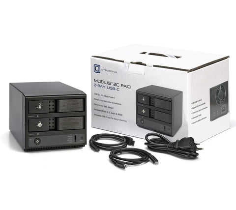 Slick Heavy Duty Dual Bay Hard Drive Enclosure For 3.5 Inch Sata Drives With Usb C Thunderbolt Support Raid Setup Aluminum Build with cables and box.