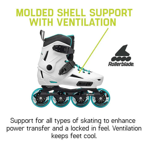 Women's Urban Inline Skates For City Cruisin And Commutin, featuring black memory buckle and aqua wheels, molded shell with ventilation