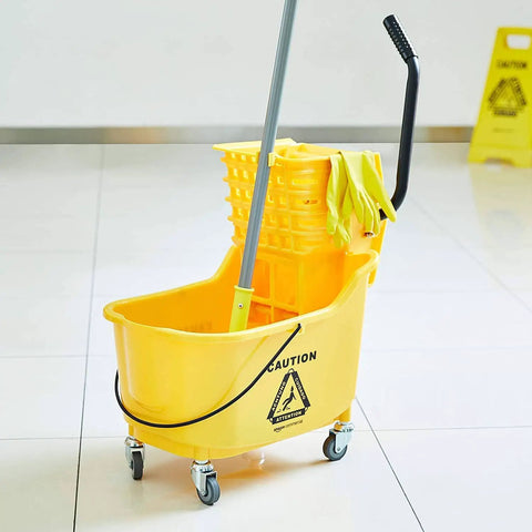 Commercial Side-Press Wringer Mop Bucket On Wheels 35-Quart Yellow Heavy-Duty Floor Cleaning System With Quick-Press Wringer