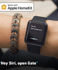 Smart Gate Opener Lite With App Control And Wireless Sensor compatible with Apple HomeKit shown on smartwatch display.