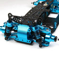 Close-up of CNC milled aluminum and carbon chassis for TT01 RC cars, highlighting the rugged aluminum and carbon chassis frame upgrade.