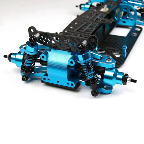 Close-up of CNC milled aluminum and carbon chassis for TT01 RC cars, highlighting the rugged aluminum and carbon chassis frame upgrade.