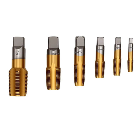Six Piece Ti Coated Carbon Steel NPT Pipe Tap Set With Storage Case For Plumbing Automotive And Construction Jobs - Includes 1/8 In, 1/4 In, 3/8 In, 1/2 In, 3/4 In And 1 In Hand Threading Taps, six taps