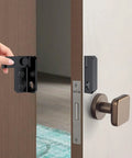 Heavy Duty Flip Latch For Gates And Cabinets, Safe Slide Bolt Lock For Barn, Pet Cage, Garden, Wood Fence, Garage And Window Sliding Doors, Stainless Steel With Black Finish, installed on wooden door.