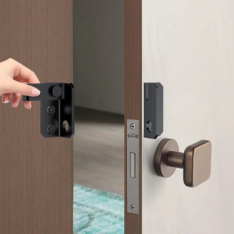 Heavy Duty Flip Latch For Gates And Cabinets, Safe Slide Bolt Lock For Barn, Pet Cage, Garden, Wood Fence, Garage And Window Sliding Doors, Stainless Steel With Black Finish, installed on wooden door.