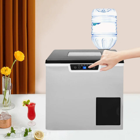 Two In One Countertop Cube Maker And Crushed Ice Crusher With Bright LCD Display For Rapid Party Mixing Craft Cocktails And Zero Drama Hosting Any Weekend Hangout, showcased with a water bottle and drinks.