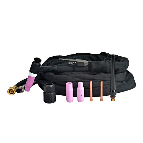 Air Cooled TIG Welding Torch With 13 Ft Cable 150A DC And 120A AC M16 Connector Two Pin Socket shown with accessories.