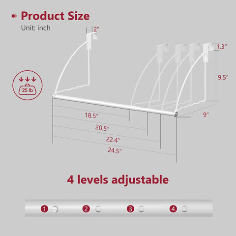 Diagram showing dimensions and adjustability of Over The Door Hanger Expandable And Adjustable Space Saving Coat And Towel Rack That Fits Doors Up To One And Three Quarters Inches Metal White Heavy Duty Door Organizer For Bathroom Bedroom Laundry And Hallway.