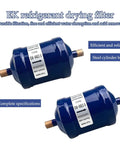 Heavy Duty 3/8 Liquid Line Filter Dryer Steel Sweat Flow Refrigerant Drier For Heat Pumps And Ac Systems R22 R134a Compatible showing blue EK-083S filter.