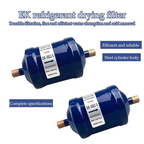 Heavy Duty 3/8 Liquid Line Filter Dryer Steel Sweat Flow Refrigerant Drier For Heat Pumps And Ac Systems R22 R134a Compatible showing blue EK-083S filter.