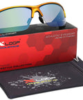 Oversized Men's Sport Sunglasses For Running And Outdoor Adventures With UV400 Protective Lenses shown with packaging and pouch