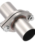 Beefy 2 Bolt Exhaust Flange Repair Kit With Solid 304 Stainless Steel Pipe and Gasket Set for a Quick No Fuss Swap on 2 Inch Universal Muffler and Exhaust Lines Street Tough Fix close-up of stainless steel flange with bolts.