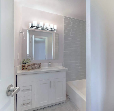 Bathroom with Five Light Chrome Bathroom Vanity Light Fixture For A Dope, Bright Bath Makeover, 29 Inch Long, Modern Chrome Finish