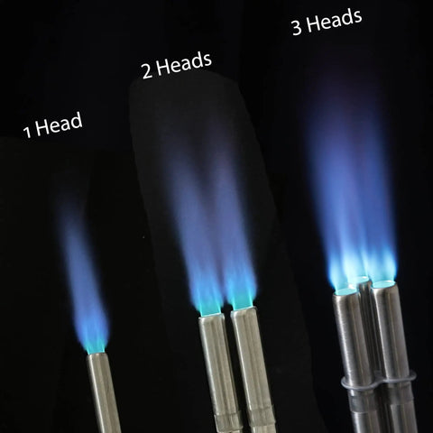 Pro Grade Three Head MAPP And Propane Torch showing 1, 2, and 3 blue flames for welding and plumbing, stainless steel tips