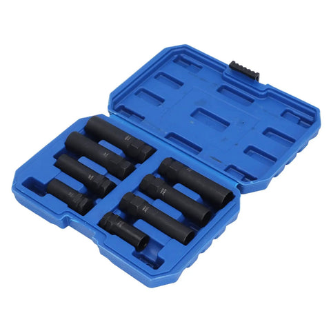 Open case displaying 8 Piece Lug Nut Socket Set For Wheel Lock Removal With Thin Walled Spline Keys Cr Mo Steel Built Tough Heavy Duty.