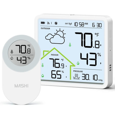 Rechargeable Weather Station With Wireless Indoor Outdoor Thermometer And Atomic Clock With WWVB, 4.3 Inch Backlit Display, shown with sensor.