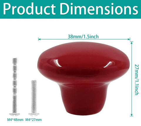 Upgrade Your Home With Fresh Red Ceramic Cabinet Knobs One Point Five Inches Wide, showcasing dimensions and mounting screws.