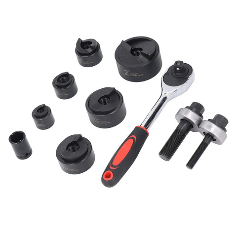 Knockout Punch Set With Six Sizes Manual Ratchet Hole Cutter Kit in Built Tough Metal Construction, ideal for metal sheets and conduit.