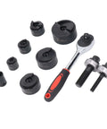 Pro Grade Beefy Ratchet Knockout Hole Punch Kit for Metal and Plastic with 6 size punches, shown with ratchet and tool components.