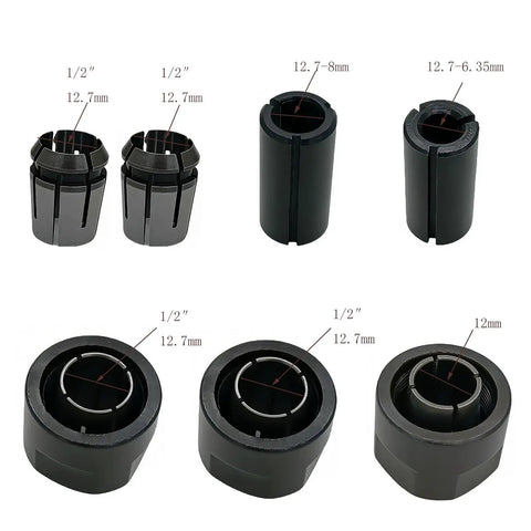 Half Inch Collet Nut Replacement Kit, 2 Pack, compatible with 12V drills and 3612 series, shown with various size options for fitment.