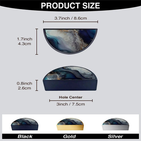 2 Pack Fluid Art Cabinet Pulls In Deep Blue White And Gold With Black Semicircle Drawer Handles, product size details