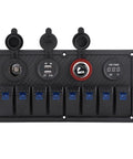 Eight Gang Rocker Switch Panel With Dual USB Outlets And Digital Voltmeter LED 12V 24V Marine Power Hub front view