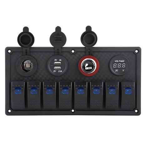 Eight Gang Rocker Switch Panel With Dual USB Outlets And Digital Voltmeter LED 12V 24V Marine Power Hub front view