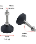 Premium Adjustable Furniture Feet 4 Pack Reinforced Nylon Base M10x50mm Thread Glides showing dimensions and details for easy adjustment.