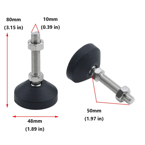 Premium Adjustable Furniture Feet 4 Pack Reinforced Nylon Base M10x50mm Thread Glides showing dimensions and details for easy adjustment.