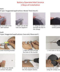 Installation steps for 2-Pack Battery-Operated Remote Control Wall Lights, Hook and Drill methods for various surfaces.
