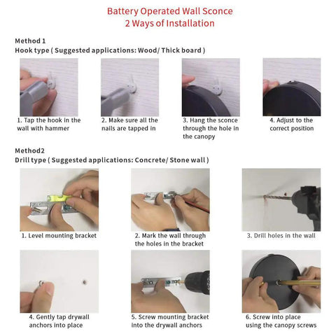 Installation steps for 2-Pack Battery-Operated Remote Control Wall Lights, Hook and Drill methods for various surfaces.
