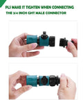 Easy Snap Quick Connect Kit For Garden Hoses With Three Quarter Inch Male And Female Plastic Fittings Being Connected