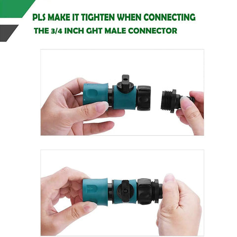 Easy Snap Quick Connect Kit For Garden Hoses With Three Quarter Inch Male And Female Plastic Fittings Being Connected
