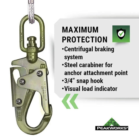 Self Retracting Lifeline For Fall Protection With Webbing And Snap Hook 6 Foot Length Black And Green shown with snap hook