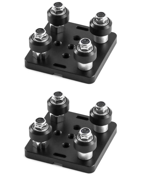 Small V-Wheel Plate 2-Pack For 2020 V-Slot Aluminum Extrusion Gantry Rod Wheel, black plates with four V-Wheels each, 50x50x6mm.