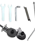 Upgraded Nibbler Metal Cutter Drill Attachment parts, including wrenches, tool connector, and metal cutting components.