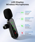 Close-up of Four Pack Wireless Lavalier Microphones Kit for iPhone Android and Cameras with LED indicators and noise reduction
