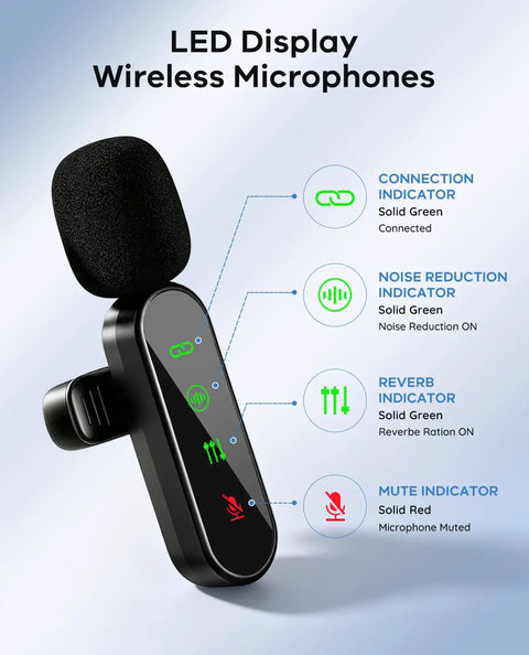 Close-up of Four Pack Wireless Lavalier Microphones Kit for iPhone Android and Cameras with LED indicators and noise reduction