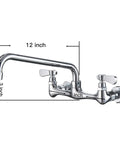 Wall Mount Kitchen Faucet With 12 Inch Gooseneck Swivel Spout 8-Inch Center Two-Handle Commercial Sink Mixer In Polished Chrome