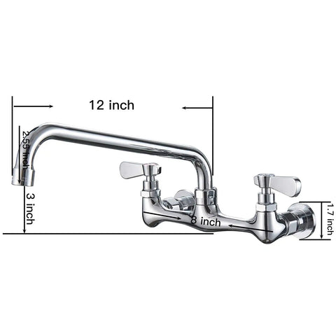 Wall Mount Kitchen Faucet With 12 Inch Gooseneck Swivel Spout 8-Inch Center Two-Handle Commercial Sink Mixer In Polished Chrome