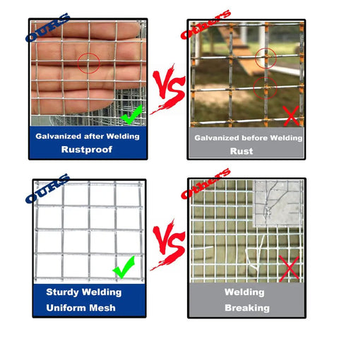Comparison of Heavy Duty Half Inch Hardware Cloth Roll 36 By 50 Feet Galvanized Welded Wire Mesh showing rustproof and sturdy welding features.