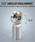 CF4 1/4 Inch Bore Rod End Bearing 1/4-28 Female Thread Right Hand Heim Joint With Jam Nuts 2 Pack showing 13.5° misalignment