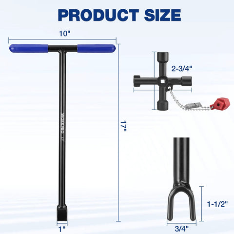 Heavy Duty 17 Inch Water Meter Key With 4 Way Utility Key Extended Reach Valve Tool For Outdoor Underground Valves Steel Curb Shut Off Key With Non Slip T Handle Built For Contractors And Homeowners By WORKPRO, product size dimensions.