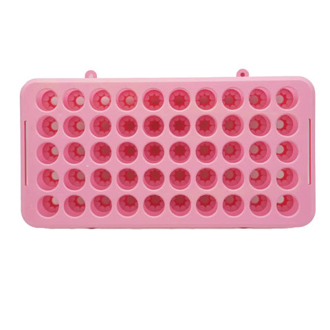 Pink 50 Hole Plastic Test Tube Rack With Silicone Pad Bottom Detachable Holder For 5ml 10ml And 15ml Centrifuge Tubes 18mm Hole Diameter Lab Organizer For Secure Tube Storage, top view.